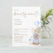 Blauw Hartballon Barly Wachten Baby shower Kaart (Staand voorkant)