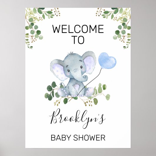 Blauw hartballon Elephant Baby shower Welkom Poster (Voorkant)