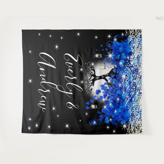 Blauw Hartblad Boom Boho Bruiloft Tapijt Wandkleed (Voorkant (horizontaal))