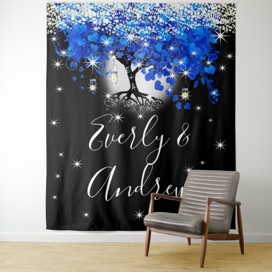 Blauw Hartblad Boom Boho Bruiloft Tapijt Wandkleed (In situ)