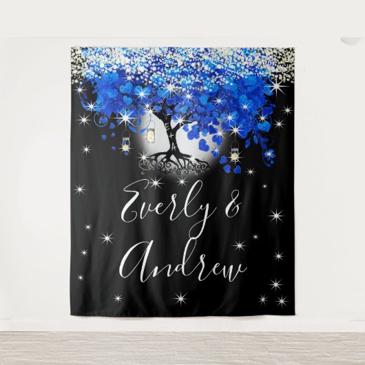 Blauw Hartblad Boom Boho Trouwtapijt Wandkleed (Voorkant)