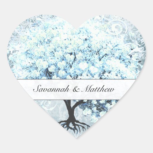 Blauw Hartblad Boom Trouwzegel Hart Sticker (Voorkant)