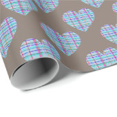 Blauw hartjes patroon op donker chocoladebruin cadeaupapier (Rol Hoek)