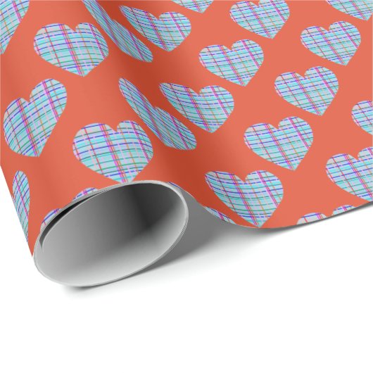 Blauw hartjes patroon op rood cadeaupapier (Rol Hoek)