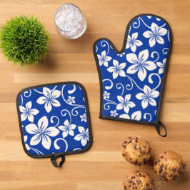 BLAUW HAWAII PATROON IN KONINKLIJKE BLAUW OVENWANT & PANNENLAP SET