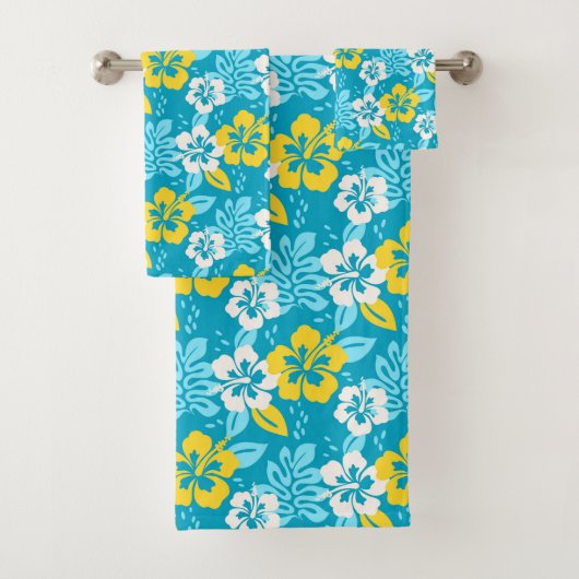 Blauw Hawaiiaans Hibiscus Bloemenpatroon Bad Handdoek (Insitu)