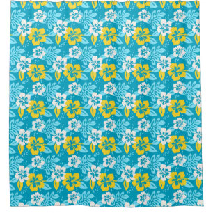 Blauw Hawaiiaans Hibiscus Bloemenpatroon Douchegordijn