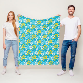 Blauw Hawaiiaans Hibiscus Bloemenpatroon Fleece Deken
