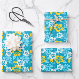 Blauw Hawaiiaans Hibiscus Bloemenpatroon Inpakpapier Vel