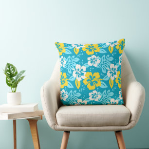 Blauw Hawaiiaans Hibiscus Bloemenpatroon Kussen