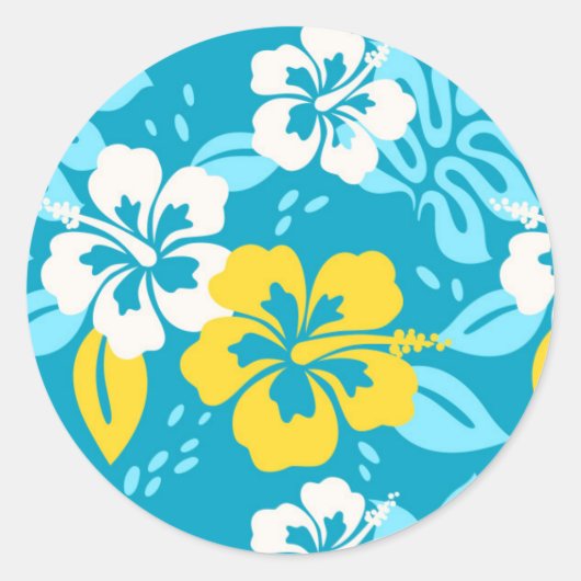 Blauw Hawaiiaans Hibiscus Bloemenpatroon Ronde Sticker (Voorkant)