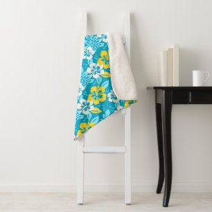 Blauw Hawaiiaans Hibiscus Bloemenpatroon Sherpa Deken