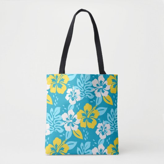 Blauw Hawaiiaans Hibiscus Bloemenpatroon Tote Bag (Voorkant)