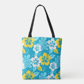 Blauw Hawaiiaans Hibiscus Bloemenpatroon Tote Bag (Achterkant)