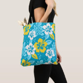 Blauw Hawaiiaans Hibiscus Bloemenpatroon Tote Bag (Dichtbij)
