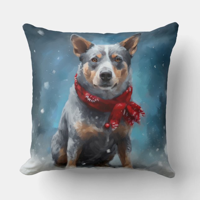 Blauw Heeler-hond in sneeuw Kerstmis Kussen (Voorkant)