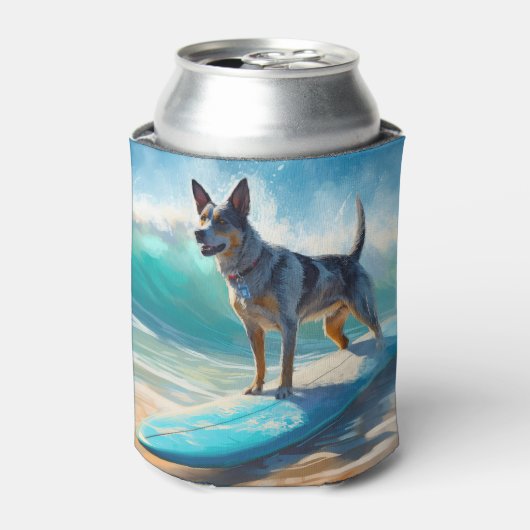 Blauw Heeler strand surfen schilderij Blikjeskoeler (Blikje Voorkant)