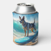 Blauw Heeler strand surfen schilderij Blikjeskoeler (Blikje Achterkant)