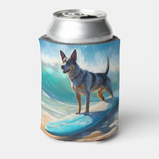 Blauw Heeler strand surfen schilderij Blikjeskoeler (Blikje Achterkant)