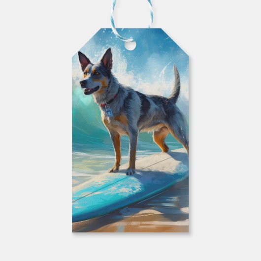 Blauw Heeler strand surfen schilderij Cadeaulabel (Achterkant)