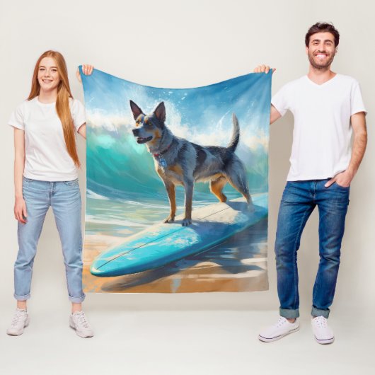 Blauw Heeler strand surfen schilderij Fleece Deken (In situ)