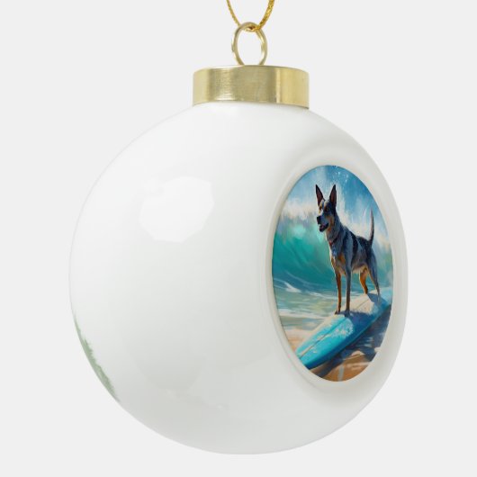 Blauw Heeler strand surfen schilderij Keramische Bal Ornament (Links)