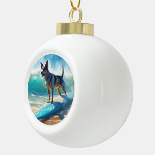 Blauw Heeler strand surfen schilderij Keramische Bal Ornament (Rechts)