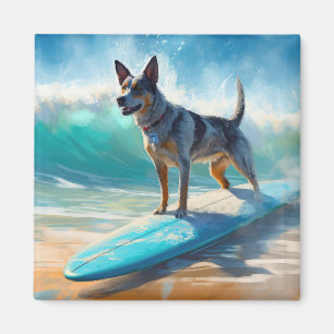 Blauw Heeler strand surfen schilderij Magneet