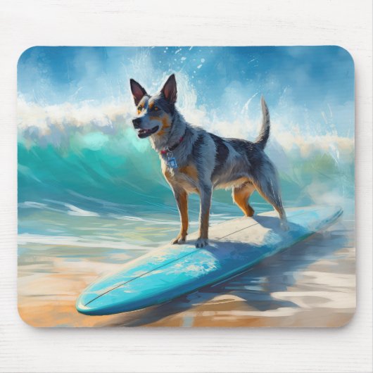 Blauw Heeler strand surfen schilderij Muismat (Voorkant)