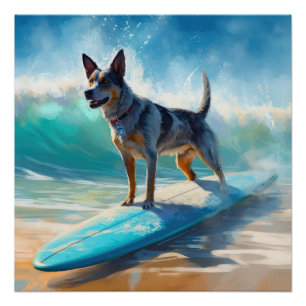 Blauw Heeler strand surfen schilderij Perfect Poster