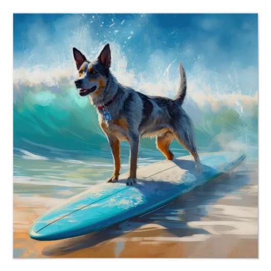 Blauw Heeler strand surfen schilderij Perfect Poster (Voorkant)