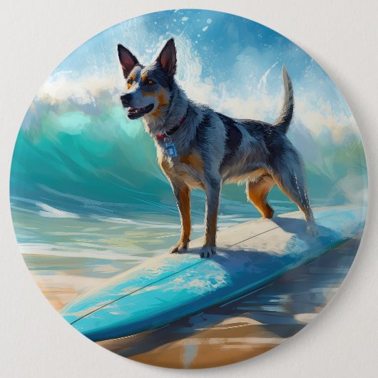 Blauw Heeler strand surfen schilderij Ronde Button 6,0 Cm (Voorkant)