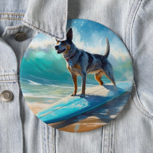 Blauw Heeler strand surfen schilderij Ronde Button 6,0 Cm (In situ)