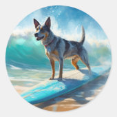 Blauw Heeler strand surfen schilderij Ronde Sticker (Voorkant)