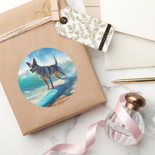 Blauw Heeler strand surfen schilderij Ronde Sticker (Geschenken)