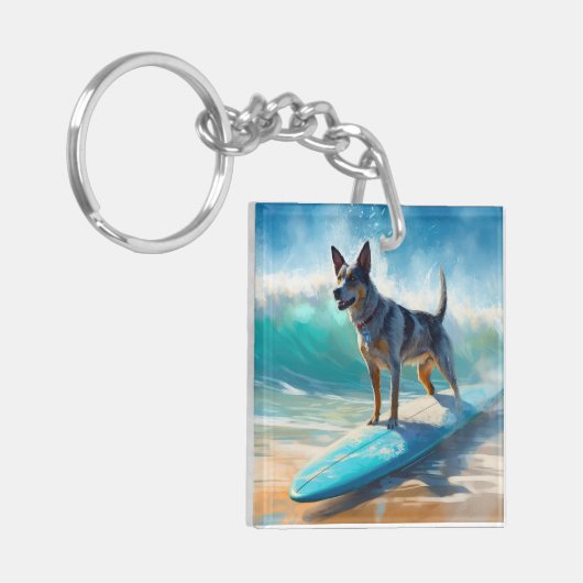 Blauw Heeler strand surfen schilderij Sleutelhanger (Voorkant Links)