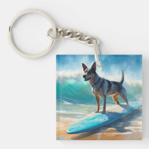 Blauw Heeler strand surfen schilderij Sleutelhanger