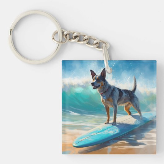 Blauw Heeler strand surfen schilderij Sleutelhanger (Voorkant)