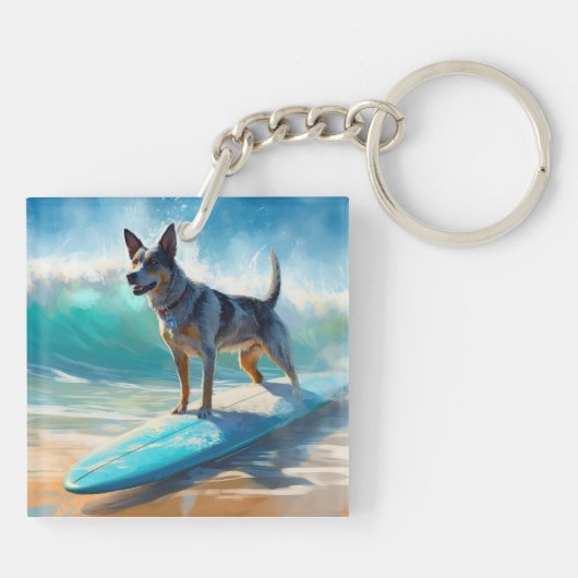 Blauw Heeler strand surfen schilderij Sleutelhanger (Achterkant)