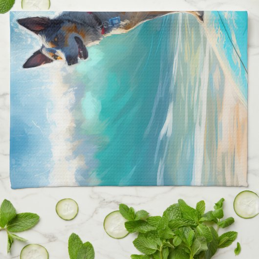 Blauw Heeler strand surfen schilderij Theedoek (Gevouwen)