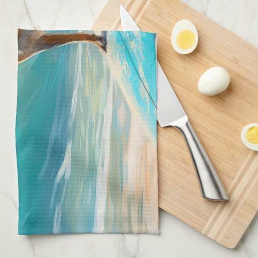 Blauw Heeler strand surfen schilderij Theedoek (Quarter Fold)