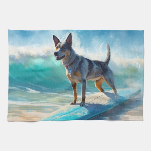 Blauw Heeler strand surfen schilderij Theedoek (Horizontaal)