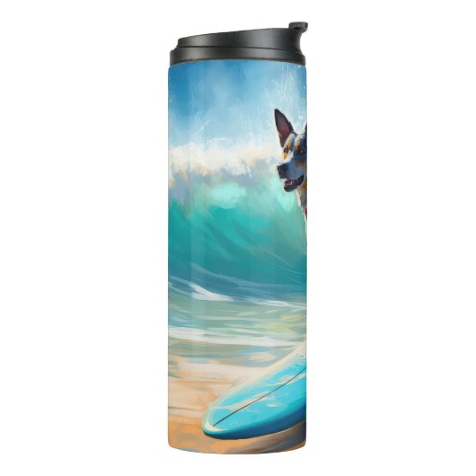 Blauw Heeler strand surfen schilderij Thermosbeker (Gedraaid links)