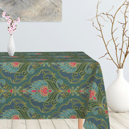 Blauw, heet roze en gouden bloemmotief tafelkleed