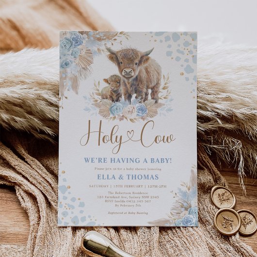 Blauw Heilige Koe Boho Pampas Jongen Baby shower Kaart