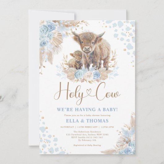 Blauw Heilige Koe Boho Pampas Jongen Baby shower Kaart (Voorkant)