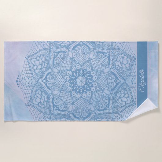  blauw Heilige Lotus Flower Blossom Mandala Strandlaken (Voorkant)
