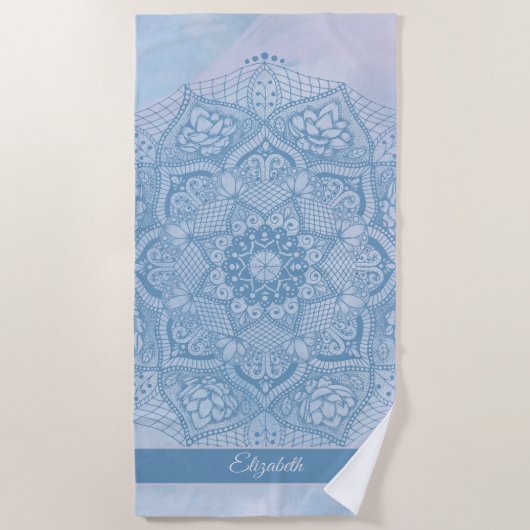  blauw Heilige Lotus Flower Blossom Mandala Strandlaken (Voorkant)