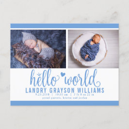 Blauw Hello World Foto Geboorte Statistiek Aankondigingskaart