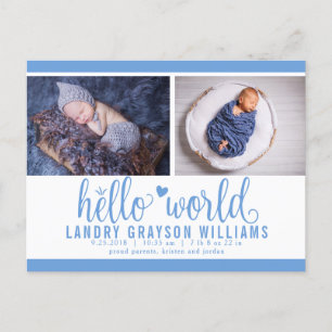Blauw Hello World Foto Geboorte Statistiek Aankondigingskaart